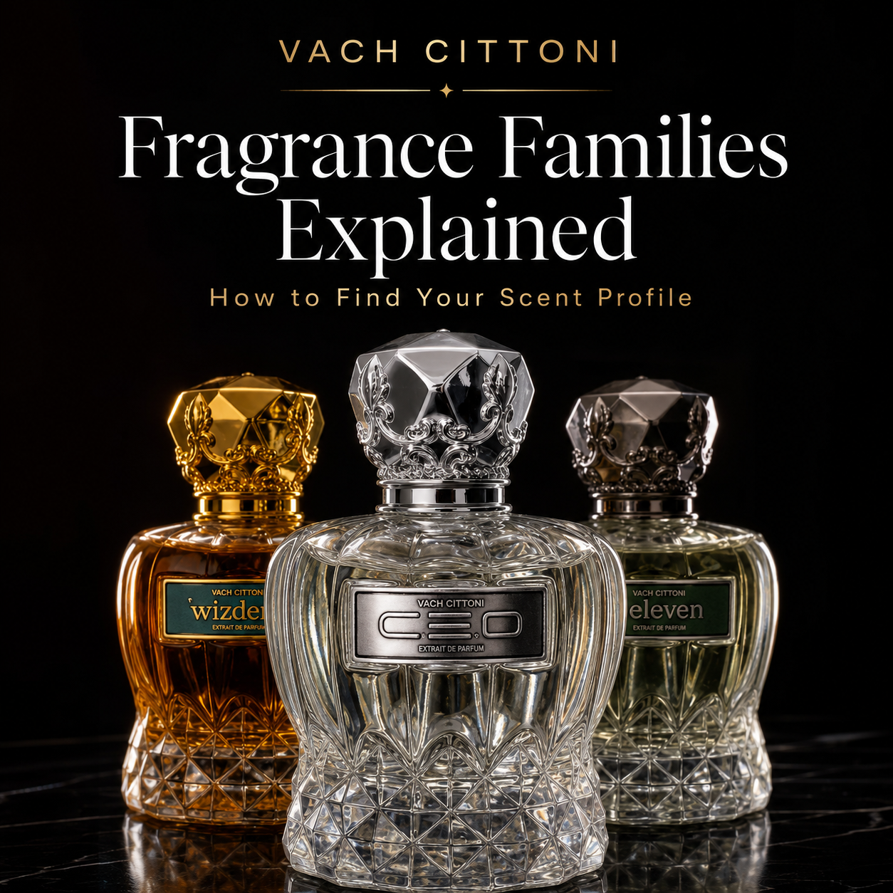 Flat lay of fragrance ingredients including botanicals, resins, and citrus representing the major fragrance families