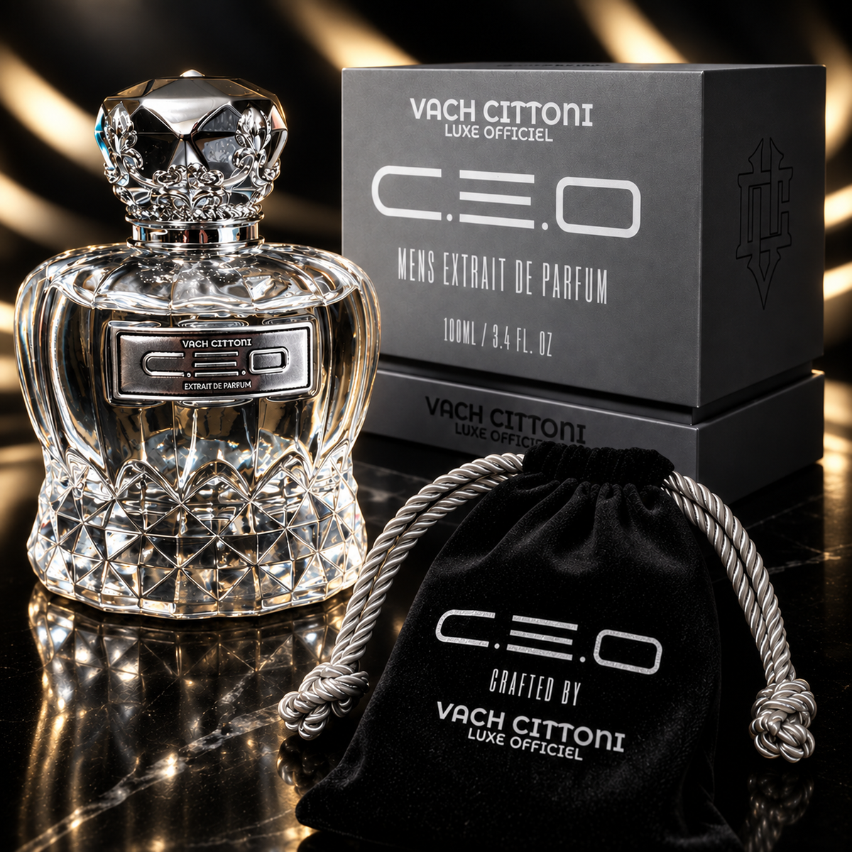 Vach Cittoni CEO Extrait de Parfum bottle with presentation box and black drawstring pouch