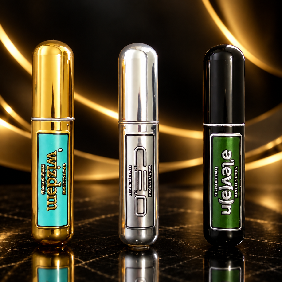 Trois échantillons de parfum Vach Cittoni de 5 ml — Wizdem, CEO et Eleven — présentés sur du marbre noir