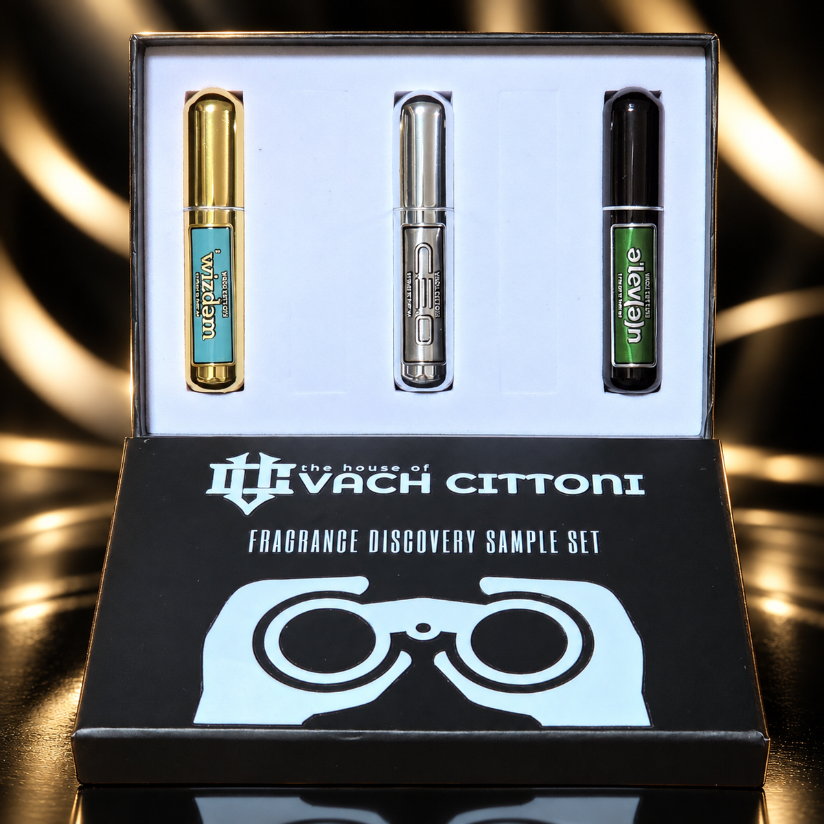 Boîte de présentation ouverte du Discovery Set Vach Cittoni avec échantillons de parfum Wizdem, CEO et Eleven de 5 ml