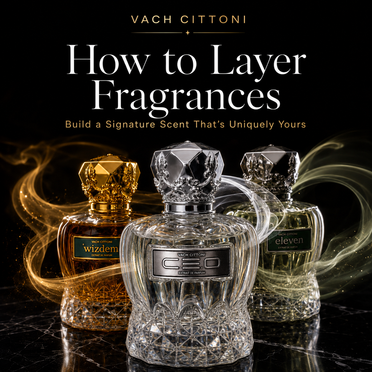 Multiple fragrance bottles arranged together on a minimal surface, illustrating the art of layering scents to create a signature fragrance