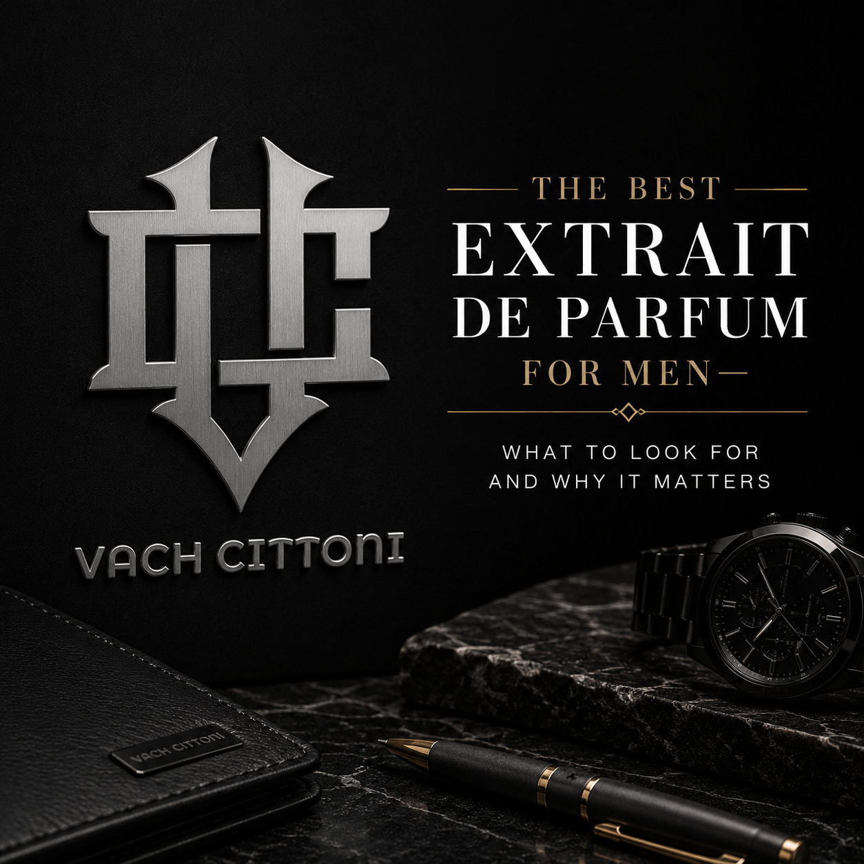 Premium extrait de parfum bottle on a dark surface, representing luxury men's fragrance craftsmanship and concentration