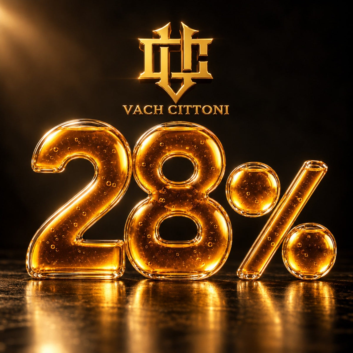 Gold Vach Cittoni VC monogram and wordmark above large amber-glass 28% lettering against a dark background, illustrating the house's Extrait de Parfum concentration.