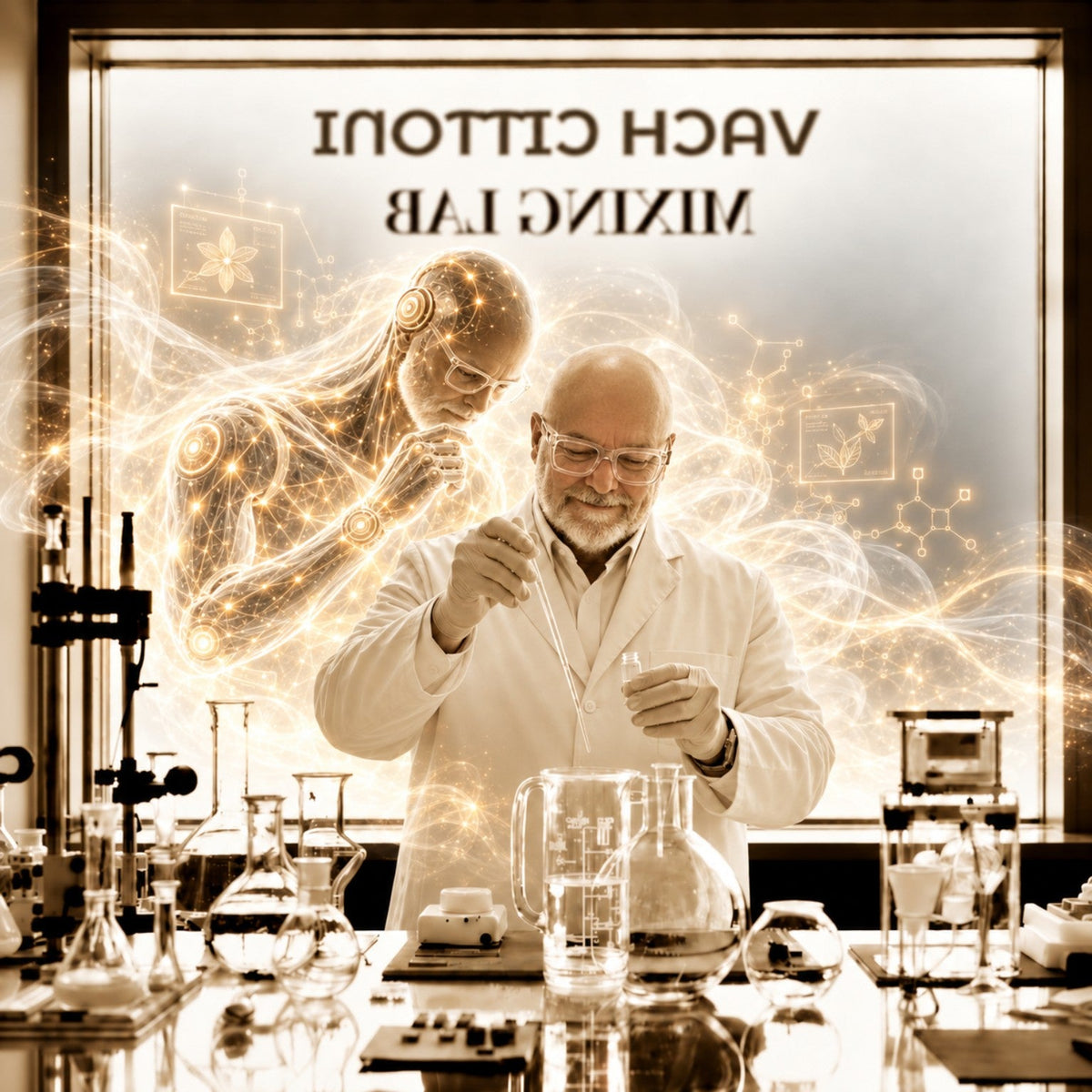 A perfumer working in a laboratory with a luminous AI figure alongside him, representing human-led fragrance development supported by Aurel.