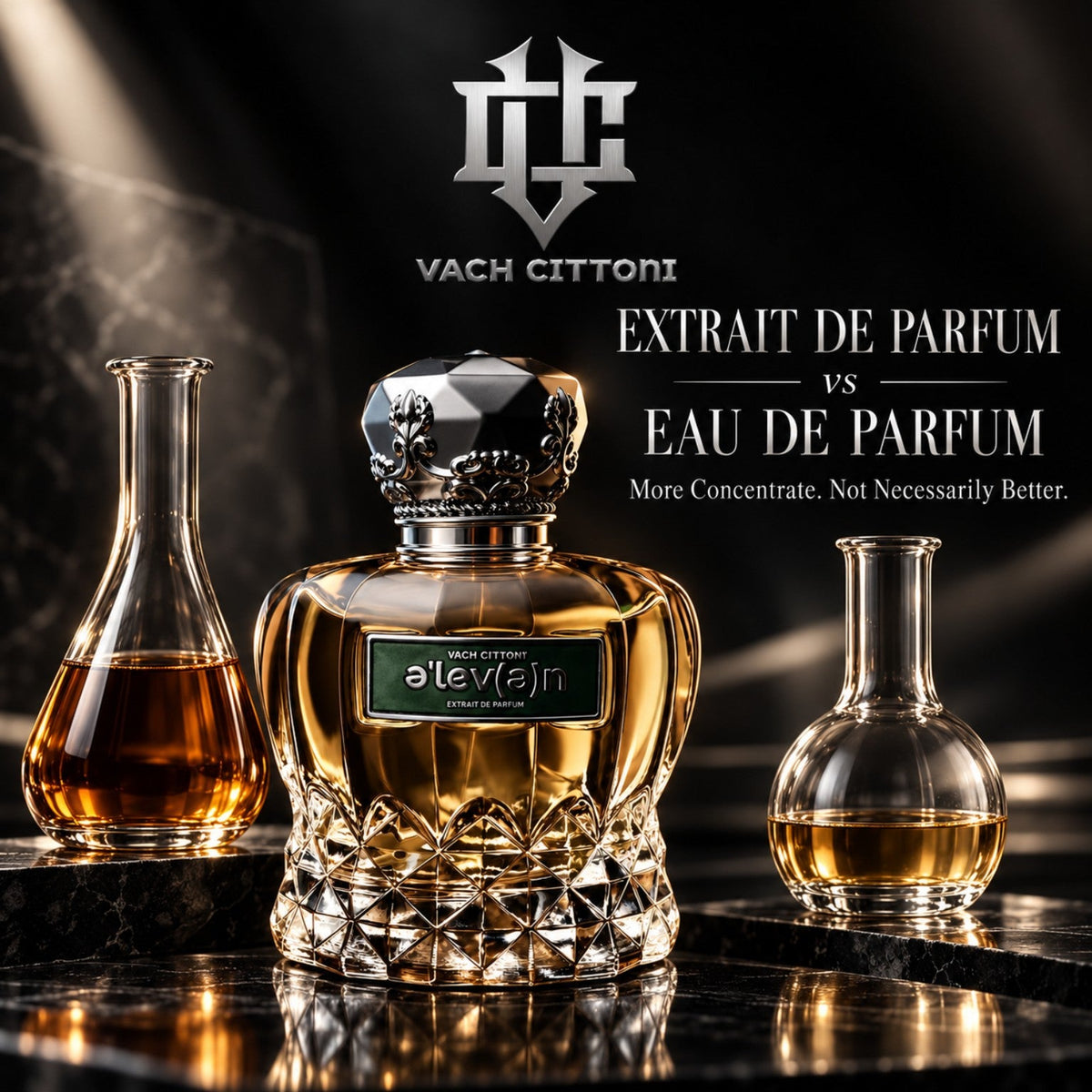 Vach Cittoni Eleven Extrait de Parfum bottle between two amber fragrance vessels, with a silver VC monogram and the headline Extrait de Parfum vs Eau de Parfum: More Concentrate. Not Necessarily Better.