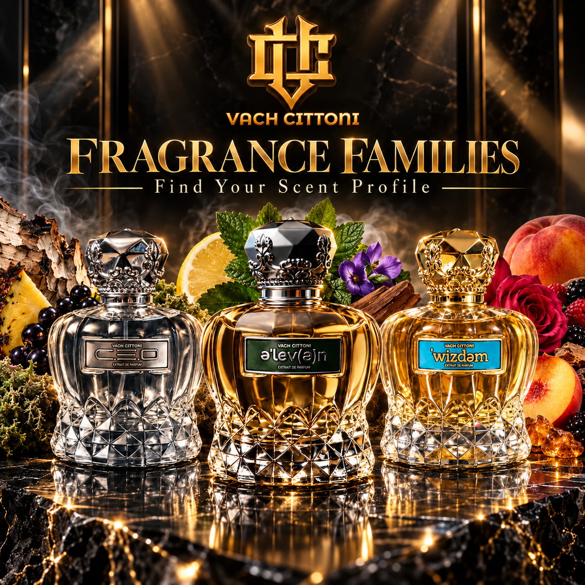 Vach Cittoni CEO, Eleven and Wizdem Extrait de Parfum bottles displayed with botanicals representing fruity chypre, aromatic fougère and floral amber fragrance families, beneath a gold VC monogram and Fragrance Families headline.