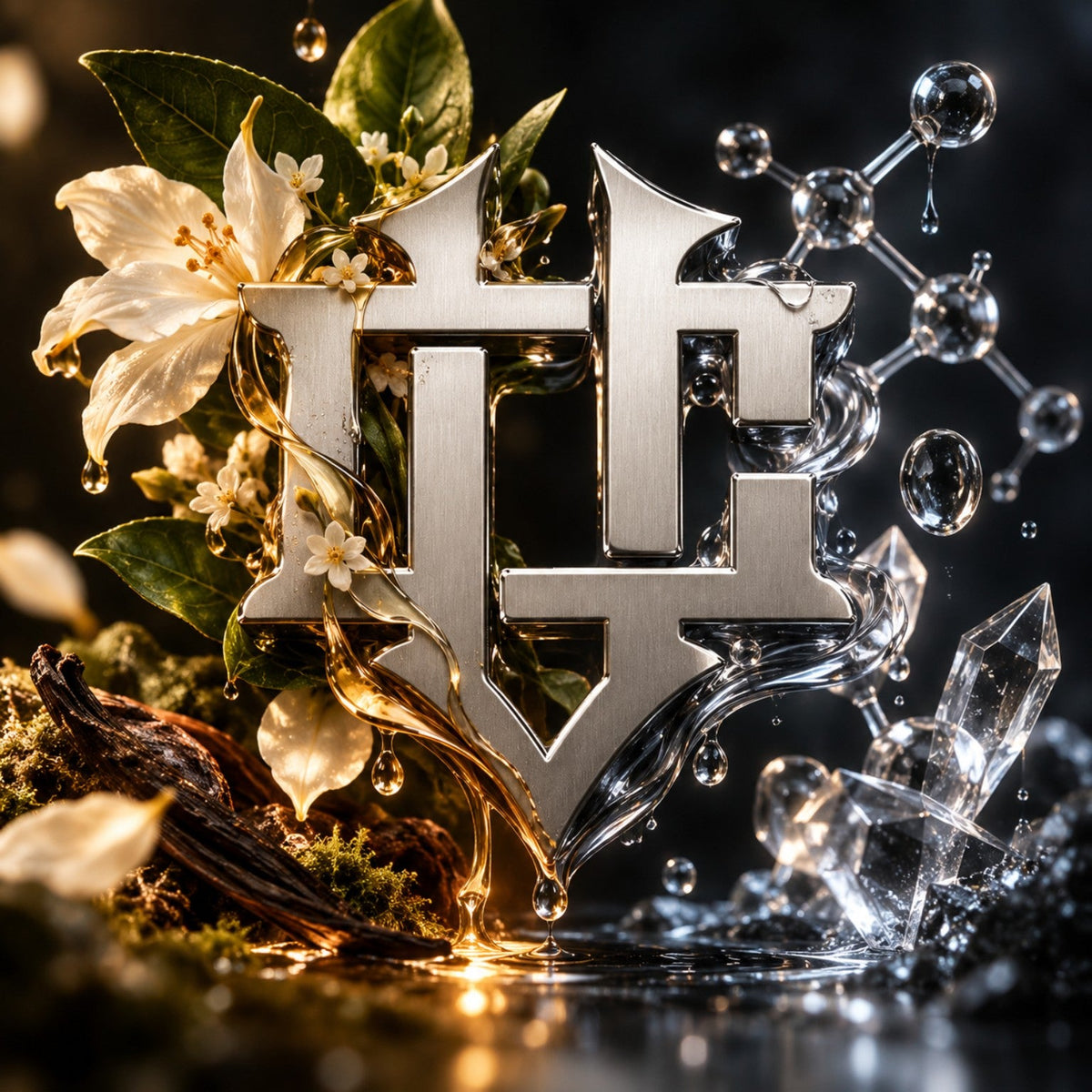 Vach Cittoni monogram between flowers and botanical materials and an arrangement of molecular structures and laboratory glass, symbolizing natural and synthetic perfumery.
