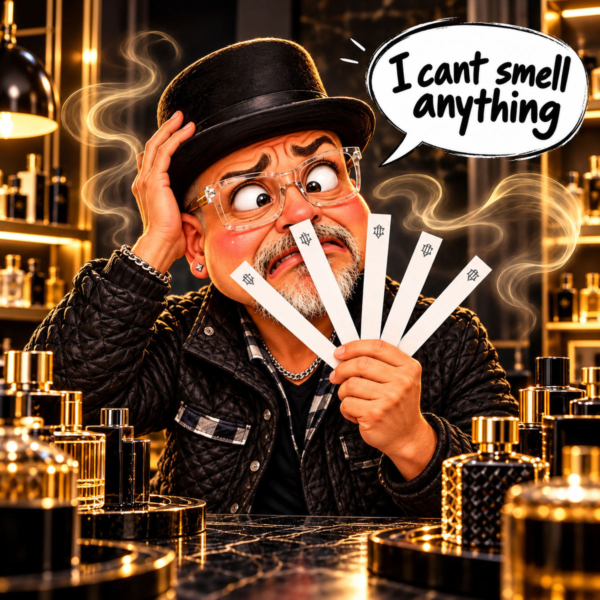 Humorous illustration of a confused perfume tester holding fragrance blotters, with the words 'I cant smell anything' among bottles at a fragrance counter.