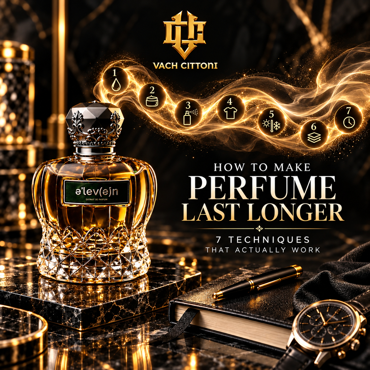 Vach Cittoni gold VC monogram above an Eleven Extrait de Parfum bottle, with seven gold technique icons and the title How to Make Perfume Last Longer on a black-and-gold background.