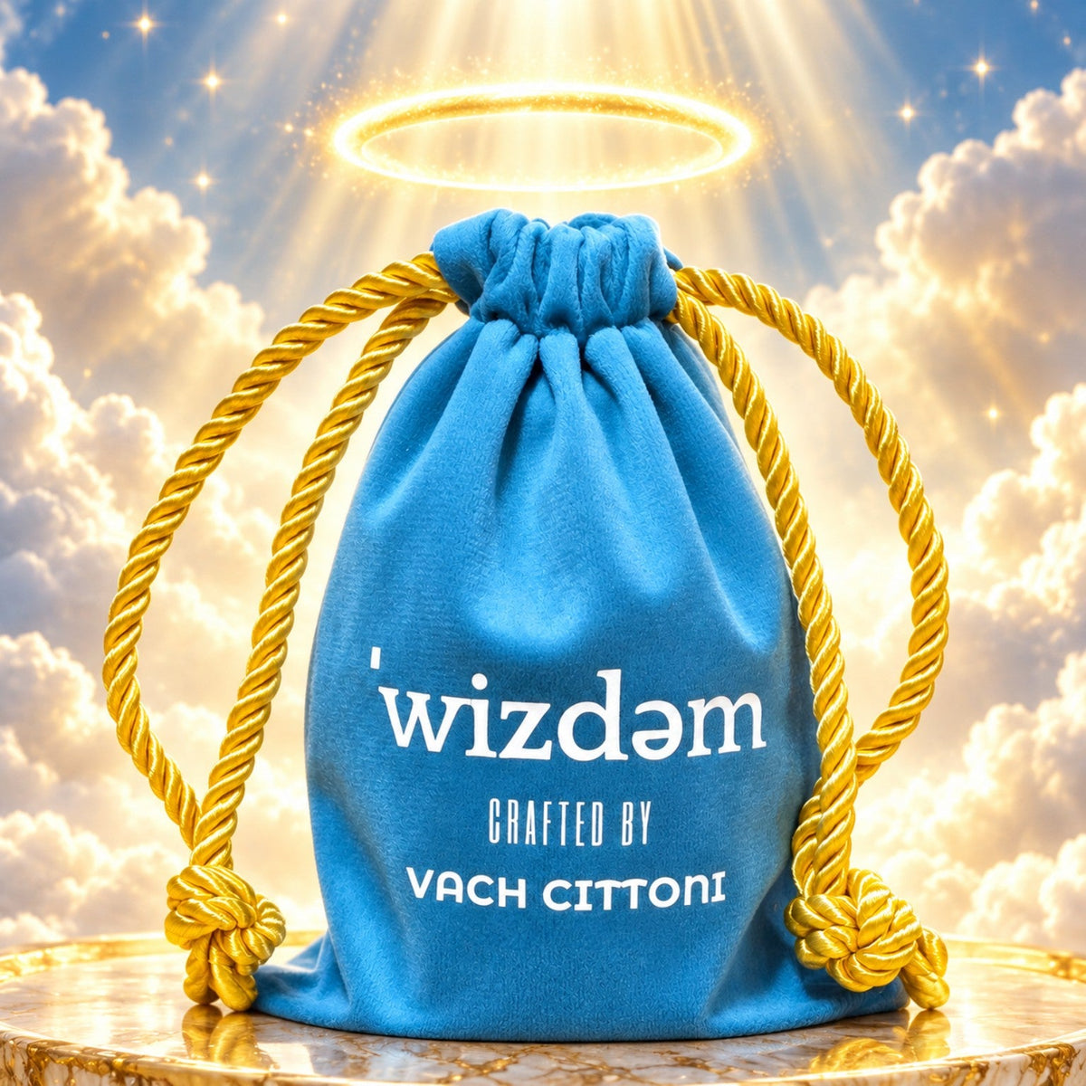 Blue Vach Cittoni Wizdem Angora velvet-flocked drawstring fragrance bag with gold cords, beneath a glowing halo and sunlit clouds.