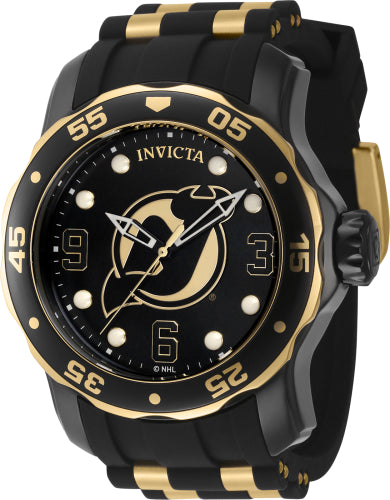 Invicta Men's 42310 NHL New Jersey Devils Quartz 3 Hand Gold, Black, White Dial Watch - 48mm