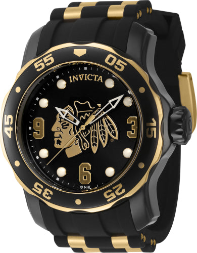 Invicta Men's 42315 NHL Chicago Blackhawks Quartz 3 Hand Gold, Black, White Dial Watch - 48mm