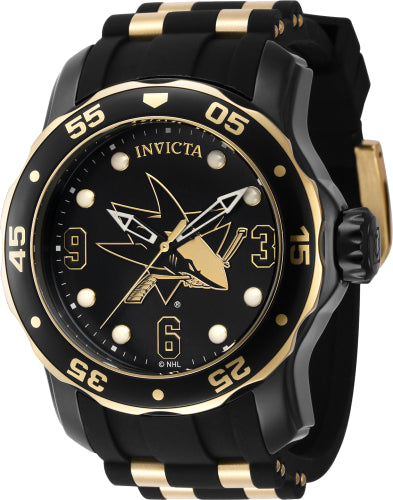 Invicta Men's 42318 NHL San Jose Sharks Quartz 3 Hand Black, White, Gold Dial Watch - 48mm