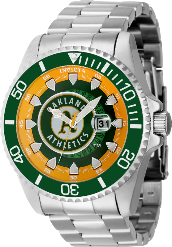 Invicta Men's 43473 MLB Oakland Athletics Quartz Multifunction Green, Yellow, Silver, White Dial Watch - 47mm