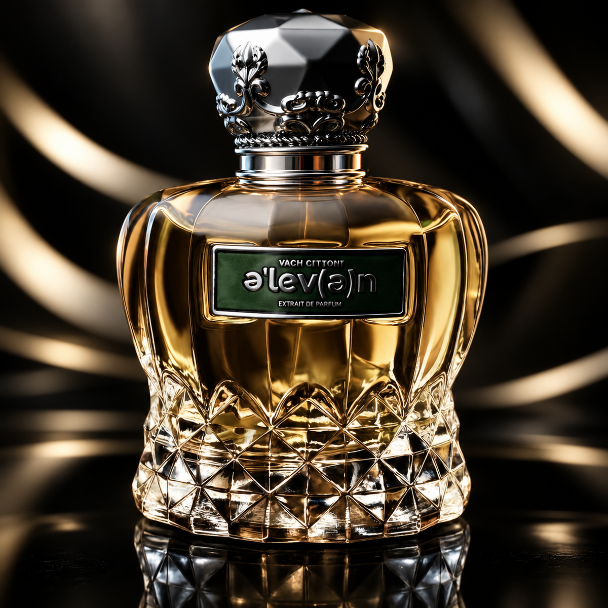 A luxury perfume bottle with a faceted clear glass body, filled with golden amber liquid, featuring a textured cut-glass base and a metallic silver crown cap. The front has a dark green label with silver lettering.