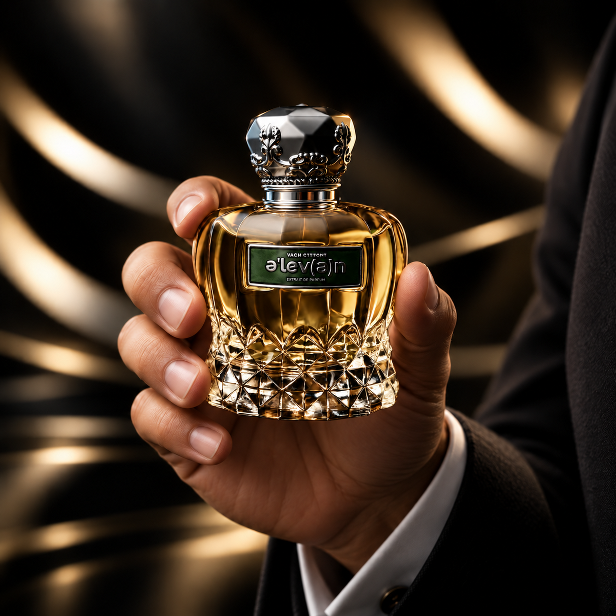 A hand holding a faceted glass perfume bottle filled with amber liquid, featuring a black cap and a label that reads 'al-Tejyari'. The background is a dark, elegant setting with soft golden light reflections.