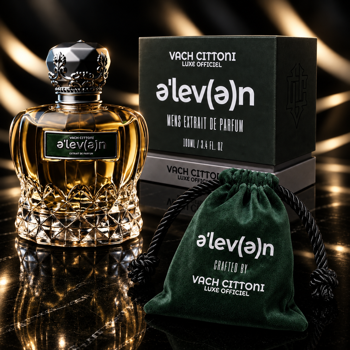 Flacon Vach Cittoni Eleven Extrait de Parfum avec boîte de présentation verte et pochette verte à cordon