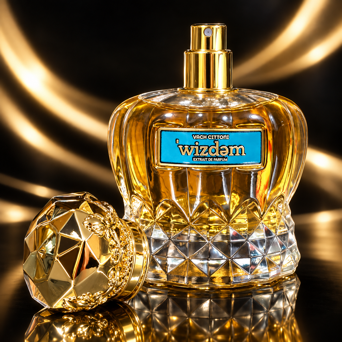 Vach Cittoni Wizdem Extrait de Parfum bottle with gold atomizer and crown cap removed