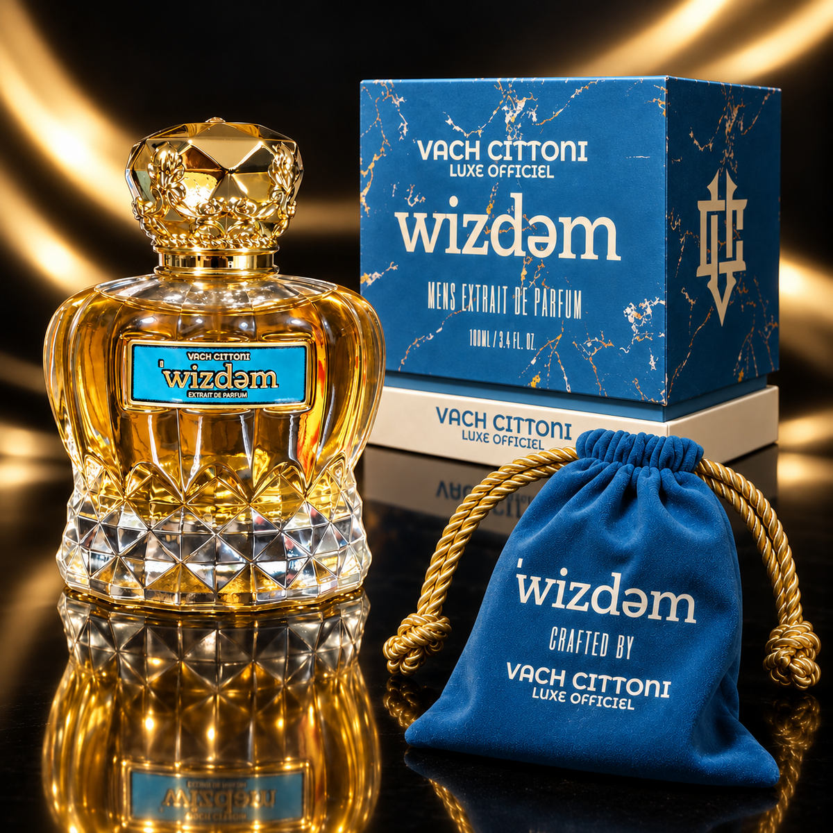 Vach Cittoni Wizdem Extrait de Parfum bottle with blue presentation box and blue drawstring pouch