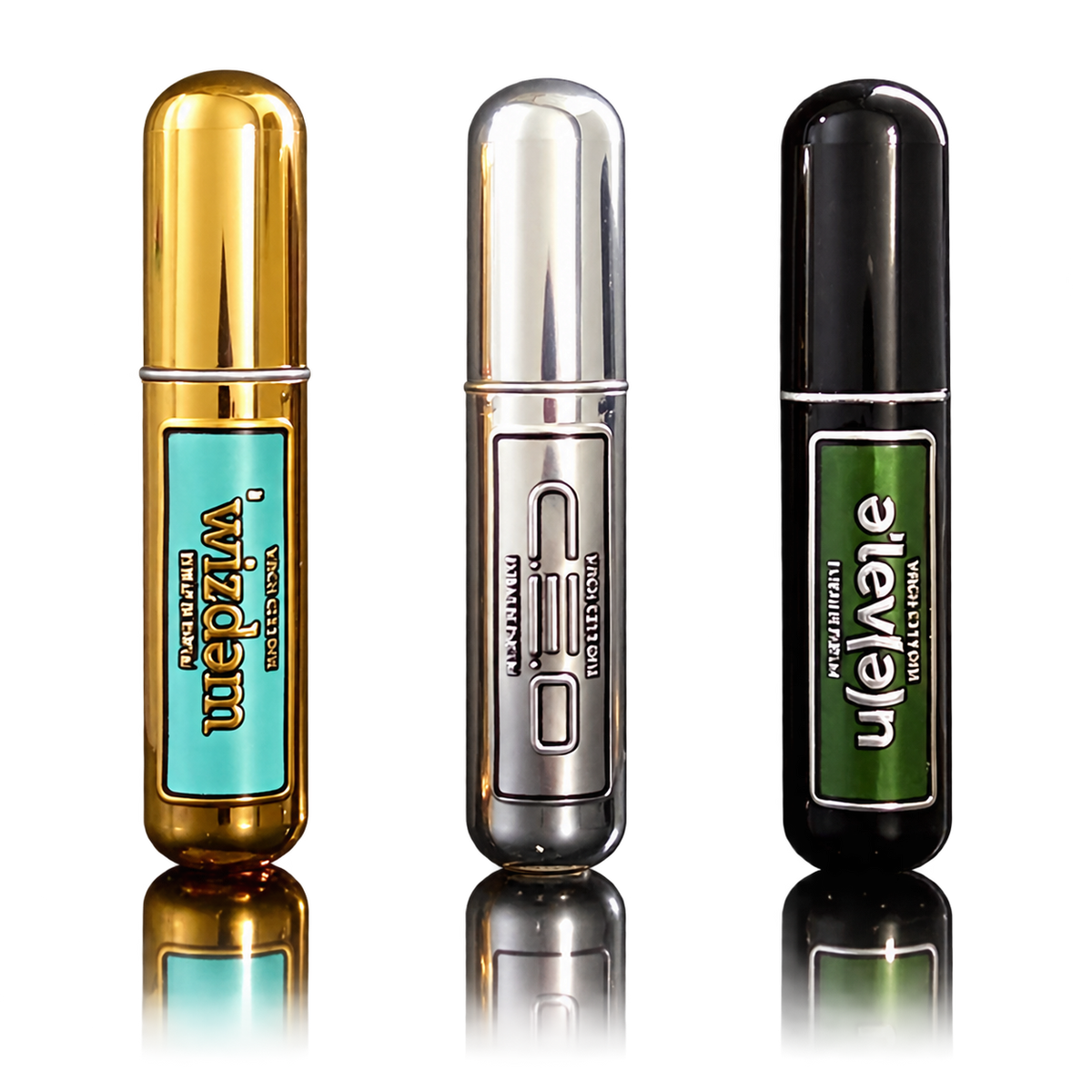 Gold Wizdem, silver CEO and black Eleven fragrance atomizers with their reflections.